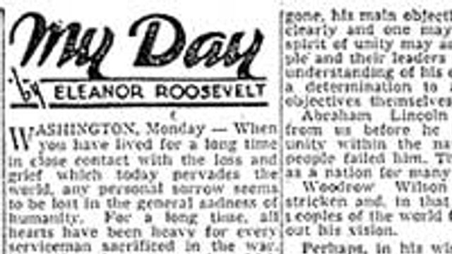 copy of Eleanor Roosevelts My Day News paper 