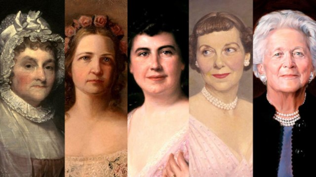 Portraits of Abigail Adams, Mary Lincoln, Edith Wilson, Mamie Eisenhower, and Barbara Bush
