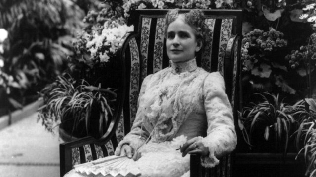 Portrait of Ida McKinley holding fan