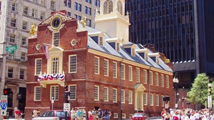 Old State House decorated with red, white, and blue