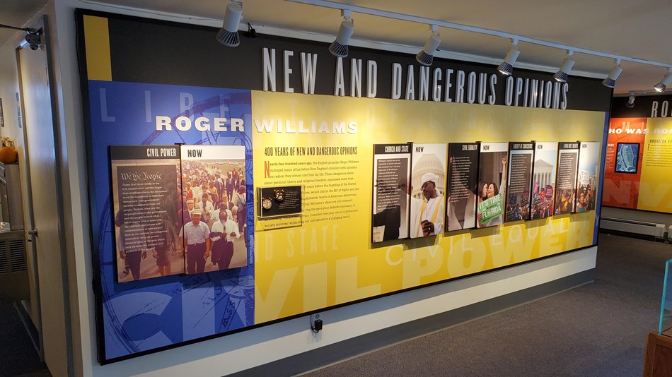Roger Williams exhibit on long interior wall