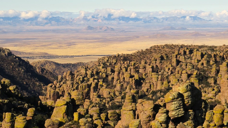 Overview of many pinnacle formations in a desert