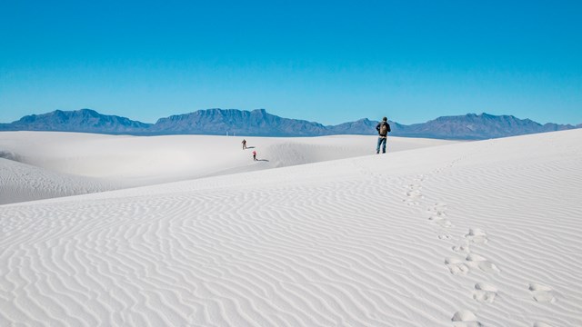 HIkers walking through white sand dunes
