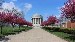 View of memorial rotunda down stone path flanked by pink flowering trees