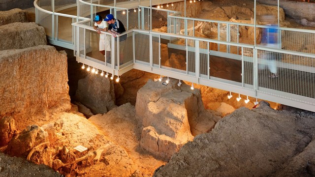 Two visitors on a boardwalk overhanging a fossil site