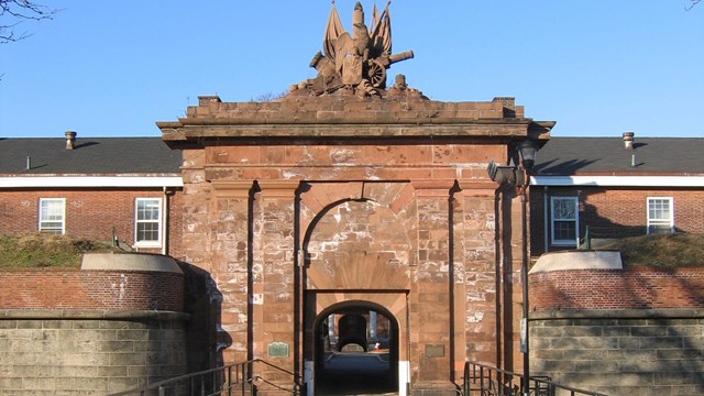 Ornate red-brick Entrance to Fort Jay at Governors Island National Monument.