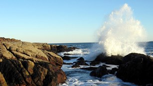 Wave crashing on rocky shoreline