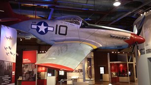 A Red Tail P-51 Mustang fighter plane hangs in a museum.