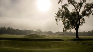 Prehistoric earthen mounds at dawn