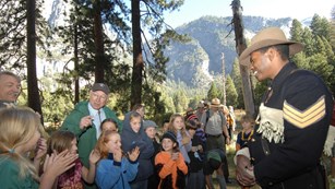 Ranger Shelton portraying a Buffalo soldier to a group