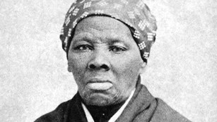Portrait of Harriet Tubman with spotted scarf covering her hair.