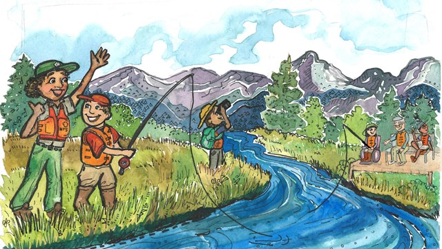 Cartoon of park ranger and kid learning to fish in river