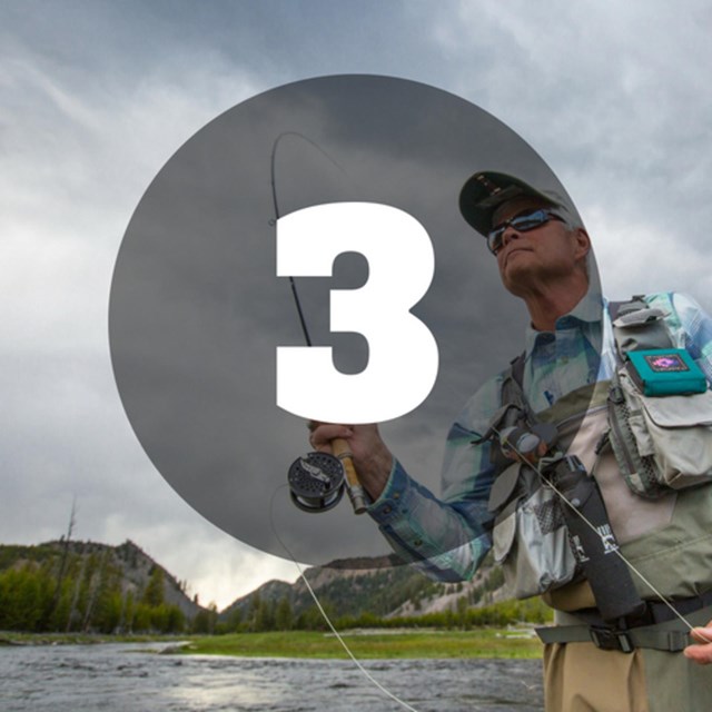 Man fly casting into river with number 3 overlaid on top