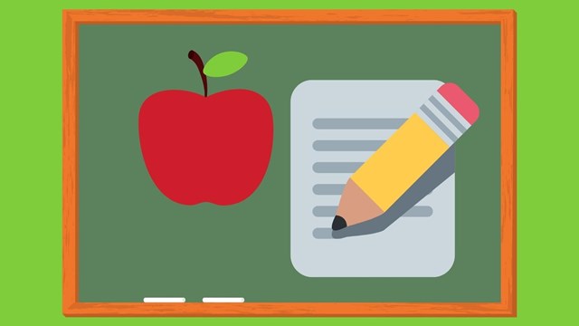 A red apple and pencil with paper are shown in front of a green chalkboard.