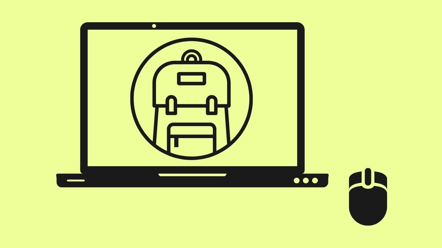 Black outline of laptop shows an outline of a backpack in a circle. Next to the laptop is a mouse.