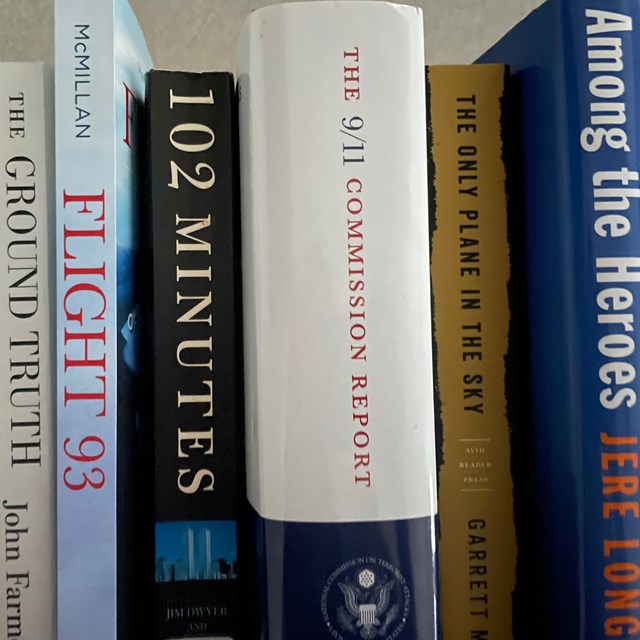 Spines of several books related to Flight 93 and September 11 
