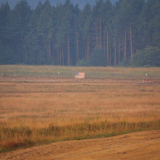 A fence with a flag on it to block off where the crash site is.