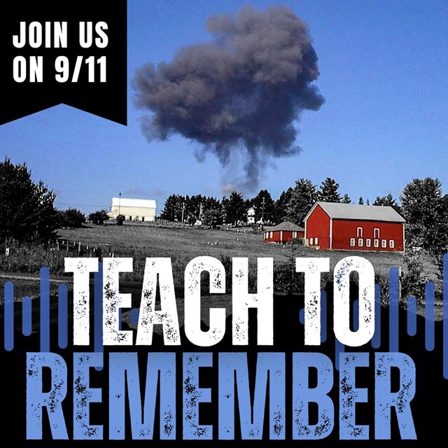Image of smoke plume behind barn with words Teach to Remember 9/11.