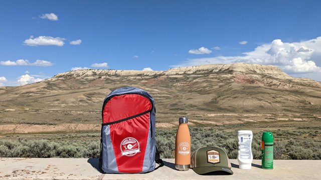 A backpack, water bottle, and hat with park logo, sunscreen and bug spray in front of Fossil Butte.