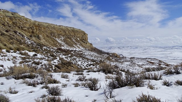 Sagebrush sloping up to a ridge overlooking a valley covered with snow and blue sky and clouds above