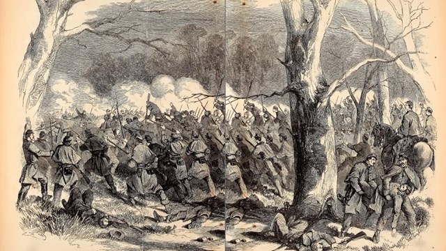 Newspaper print of Union soldiers storming Confederate trenches in a wooded area.