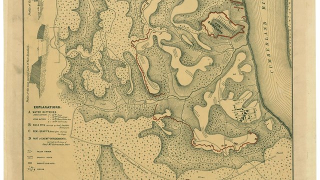 Historic map of Fort Donelson, Dover, terrain and Confederate trenches.