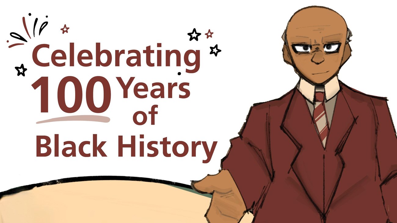 Stylized drawing of Dr. Woodson wearing red suit with hand extended with decorative stars & confetti