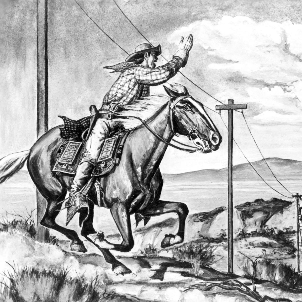 A black and white drawing depicting a cowboy riding a horse in a classic Western scene.