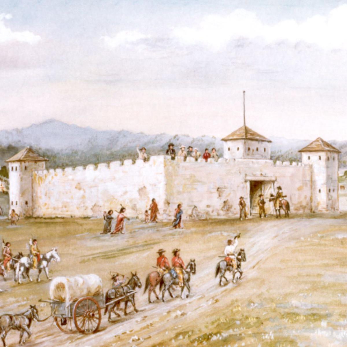 A painting depicting a fort with several people riding horses in the foreground, set against a sce