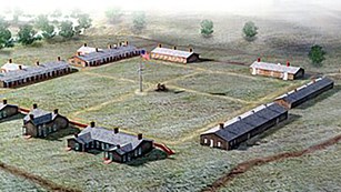 Aerial view artwork image of Fort Larned