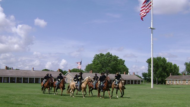Buffalo Soldier re-enactors on the Parade Ground at Fort Larned.