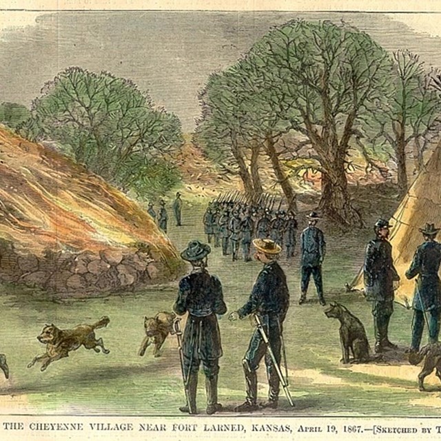 Color image of army troops burning an Indian village.