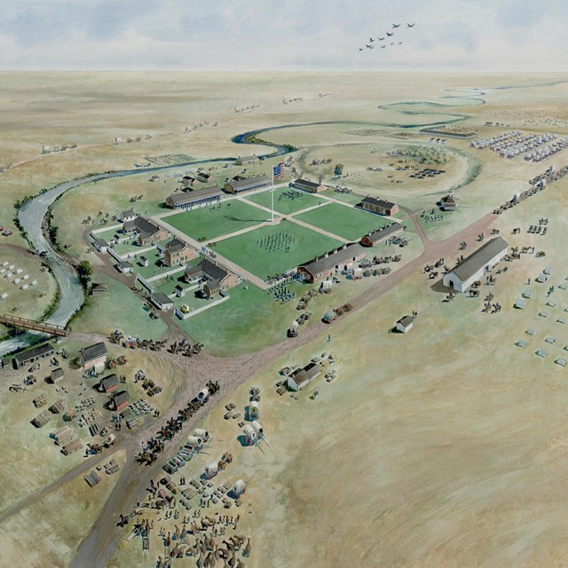 Aerial color drawing of the fort's sandstone buildings.