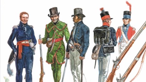 A painting depicting an 1812 soldiers in various uniforms with various equioment.