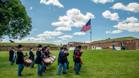 Civil War living history band playing in the star fort outer battery.