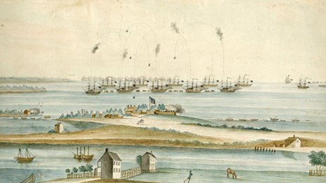 A historic drawing depicting the bombardment of Fort McHenry