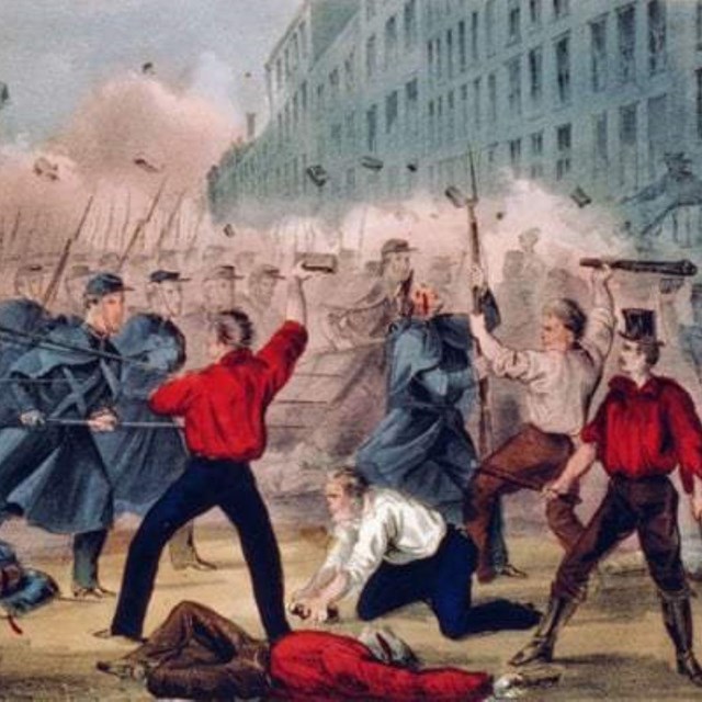 A colored painting showing the Pratt Street Riots