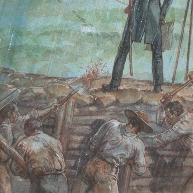 A painting showing laborers digging entrenchments in the rain