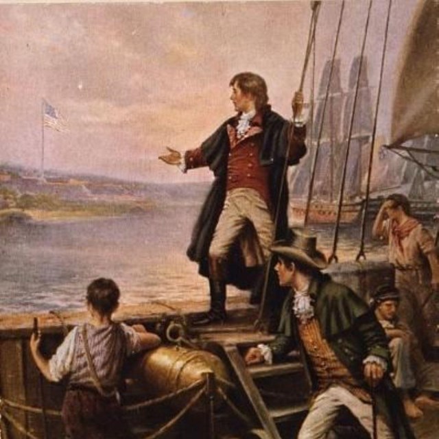 A painting depicting Francis Scott Key watching the bombardment of Fort McHenry