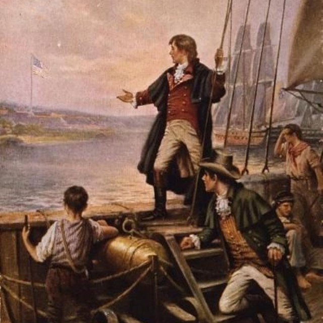 A historic painting depicting Francis Scott Key looking at Fort McHenry after the Battle.