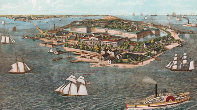 A color illustration depicts Fort Monroe surrounded by water and a number of sail and steam boats.