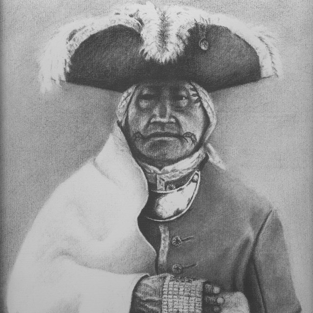 An illustration of an American Indian wearing a tricorn hat