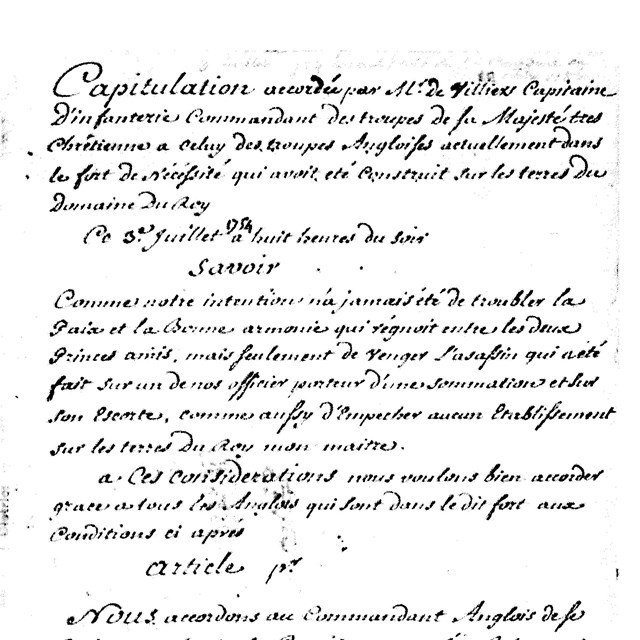 The first page of the Fort Necessity surrender document