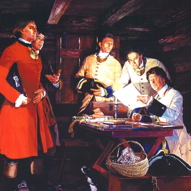 Washington in a red uniform and three French officers in white uniforms.