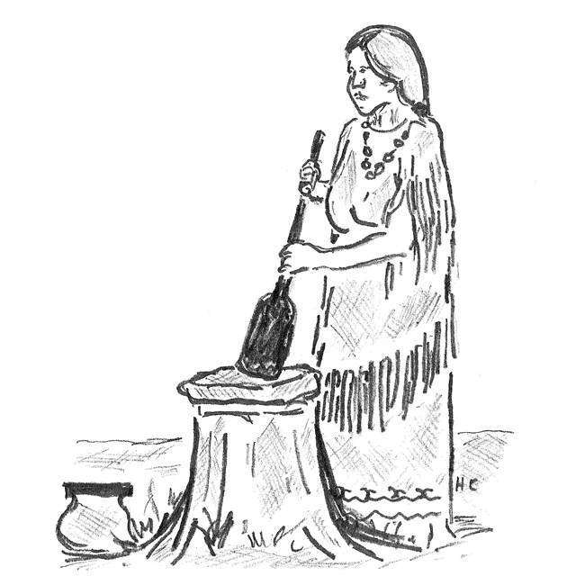 A Seneca woman standing to grind corn in a hollowed out tree trunck