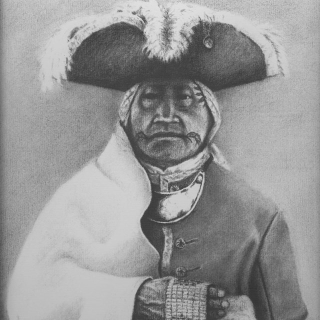 An illustration of an American Indian wearing a tricorn hat