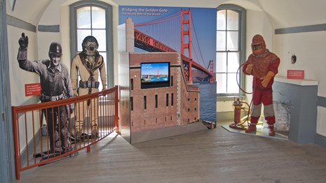 Golden Gate Bridge exhibit with various bridge workers