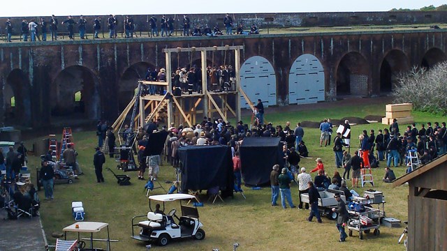 A film crew with the production the Conspirator shoots a scene inside Fort Pulaski.