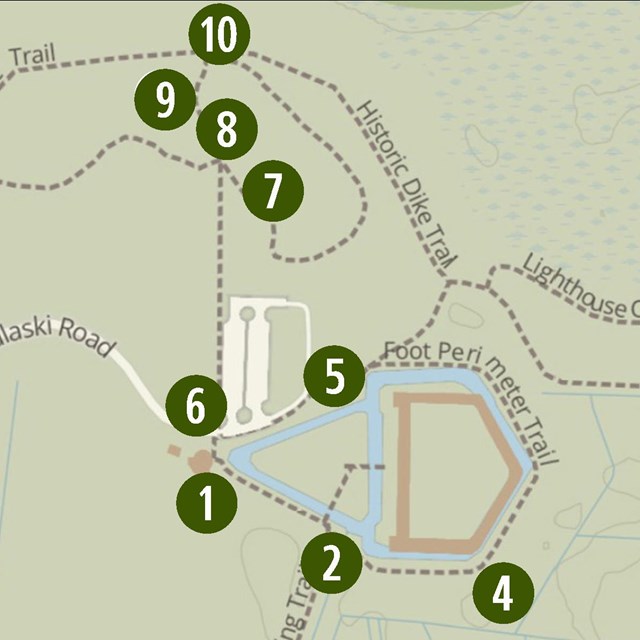 A color map of Cockspur Island that lays out the virtual tour stops outside of the fort. 