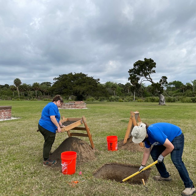 Fort Pulaski archeologists dig at the Workers' Village site.